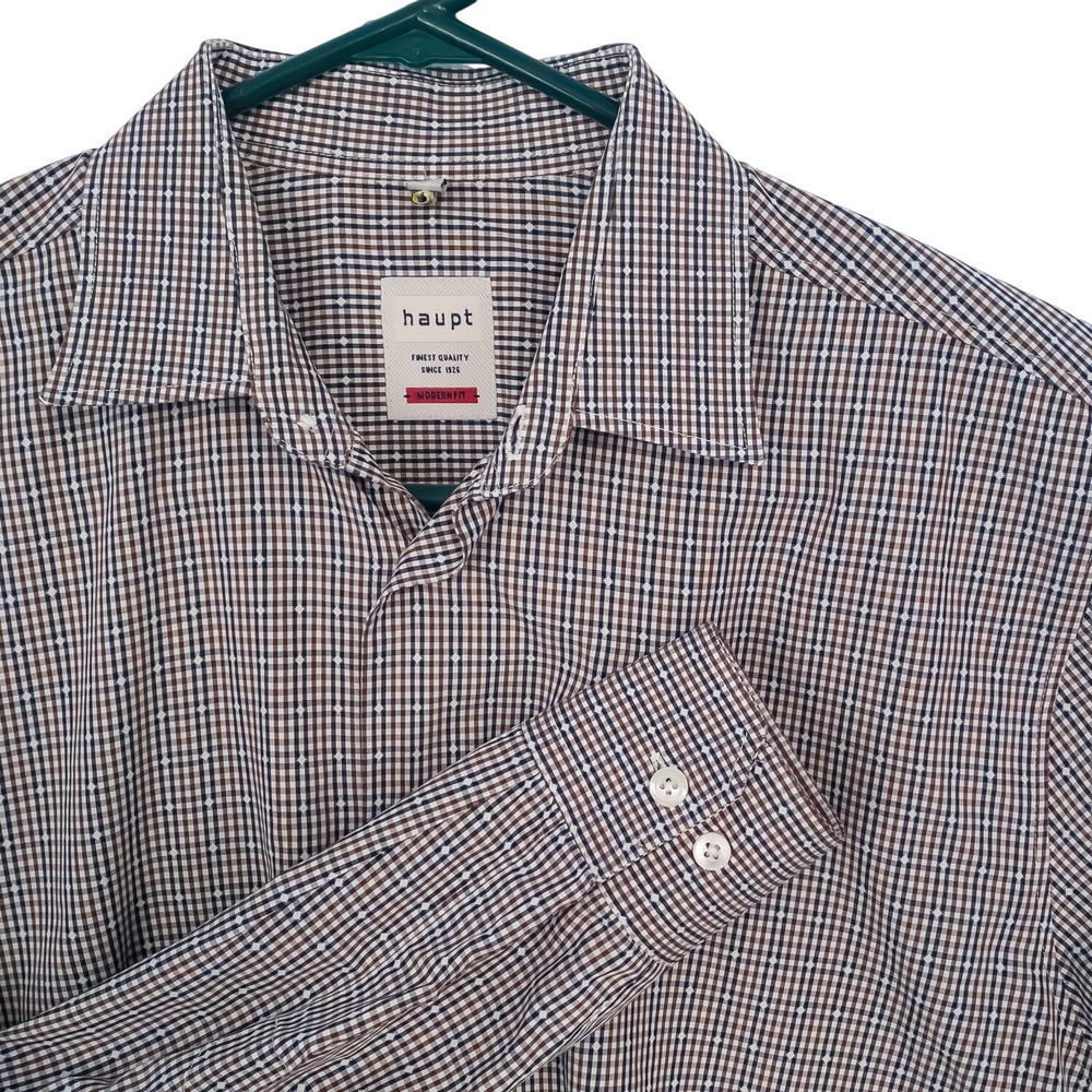 Haupt Button-Down Shirt Mens L Brown Navy Check Modern Fit Cotton